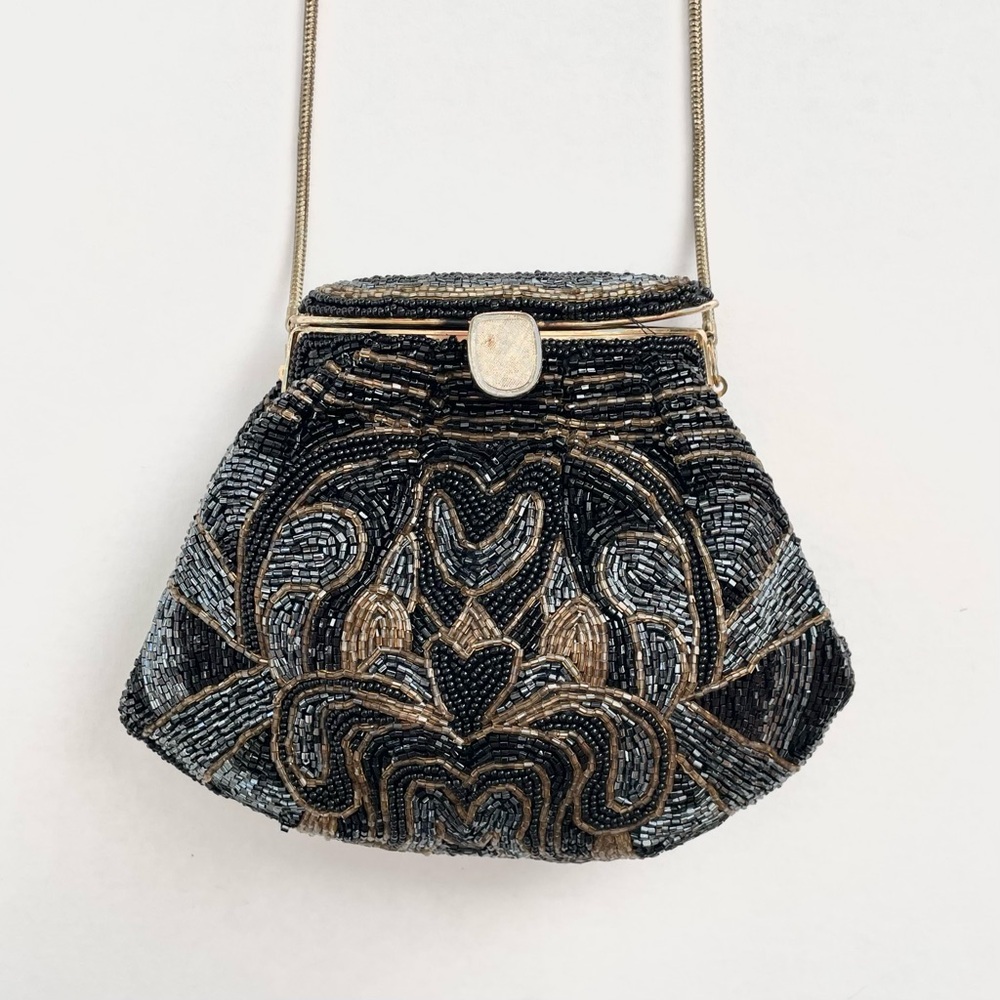 1980s Black Beaded Minaudiere Shoulder Evening Bag